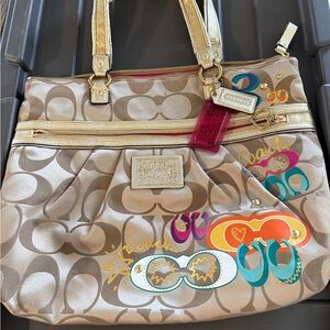 Coach Tan and Gold Signature Shoulder Bag